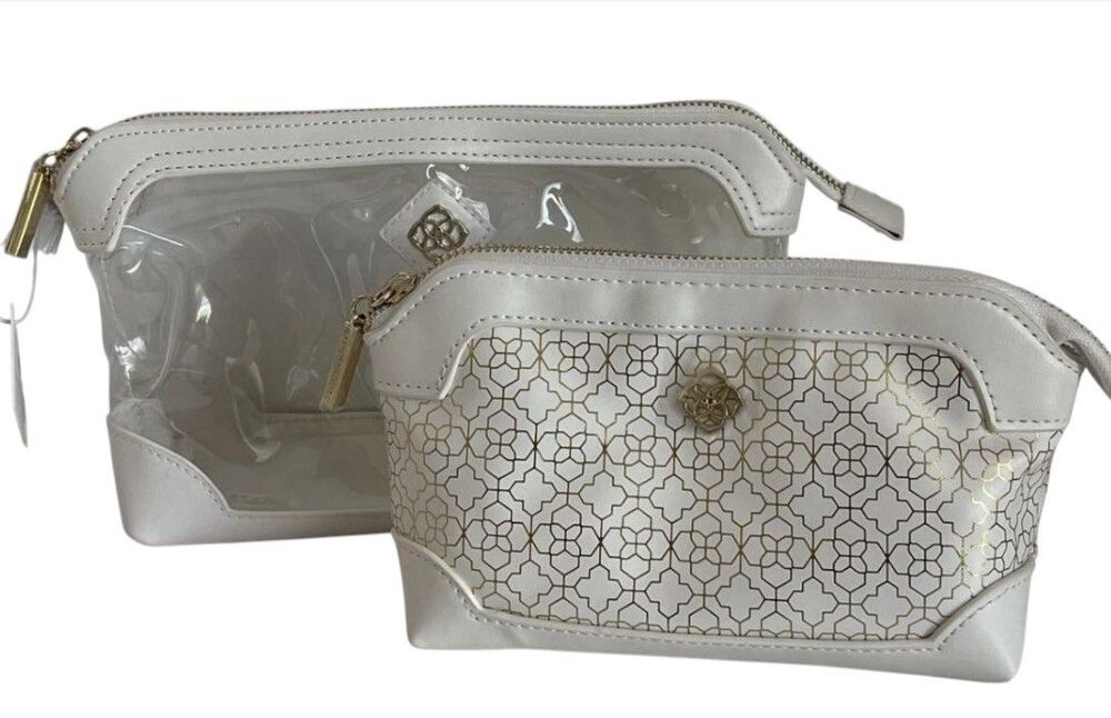 Kendra Scott White, Clear, Gold Filigree Duo Cosmetic Zip Bag Set, 2 Bags